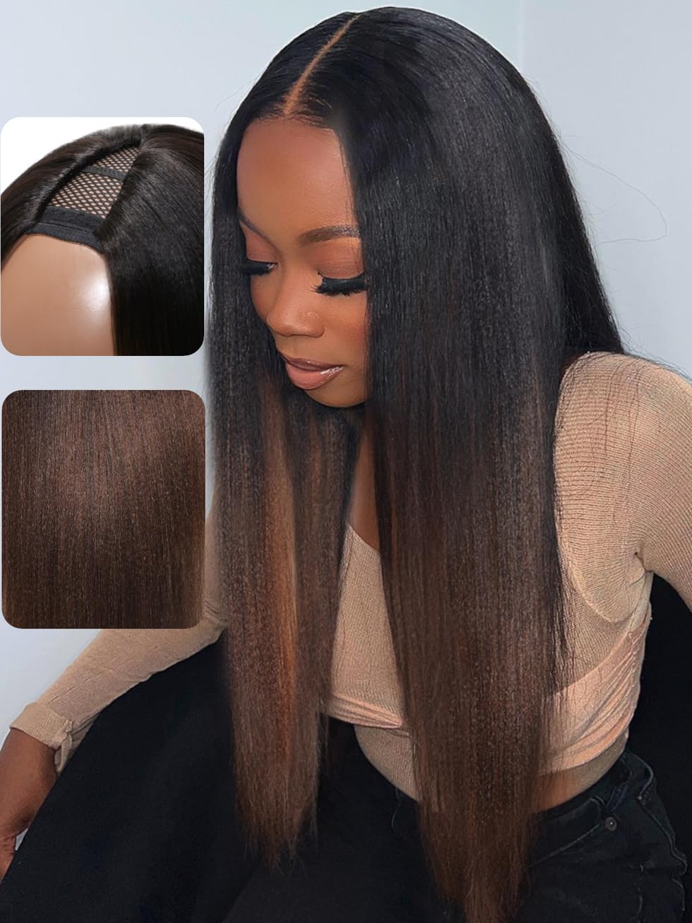 Unice 18&quot; Yaki Straight V Part Wig - Glueless Ombre Chestnut Brown Human Hair For Beginners