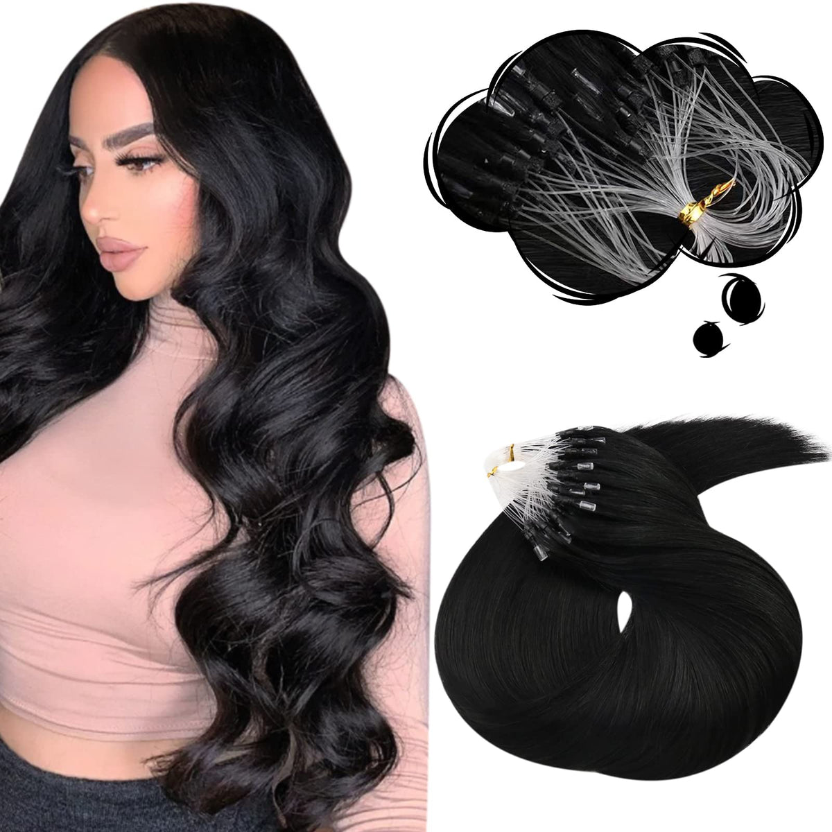 Moresoo 22&quot; Microbead Hair Extensions - 100% Real Human Hair, Black Micro Links #1 Color