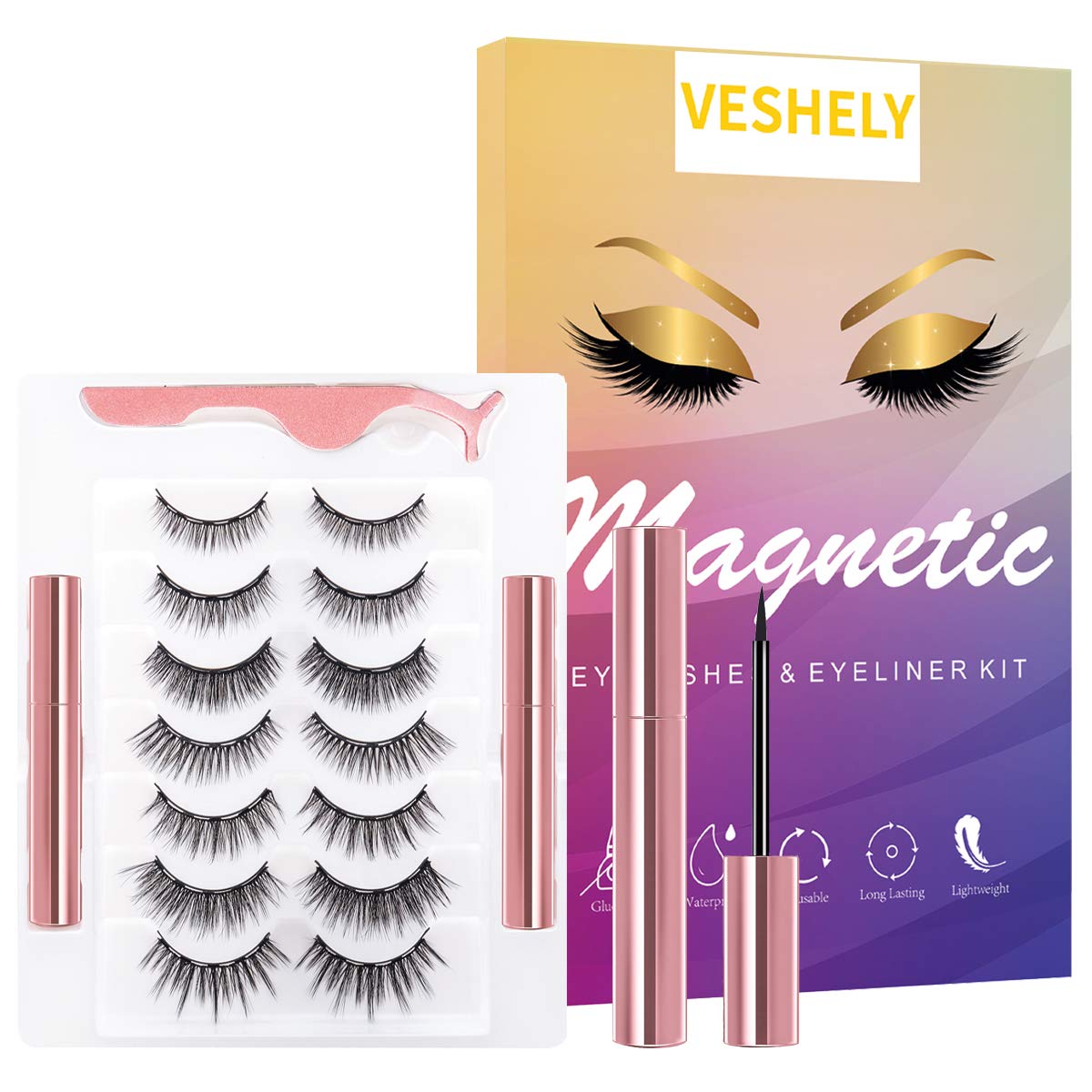 Veshely Magnetic Eyelashes Kit - 3D Reusable Lashes With Waterproof Eyeliner, 7 Pairs