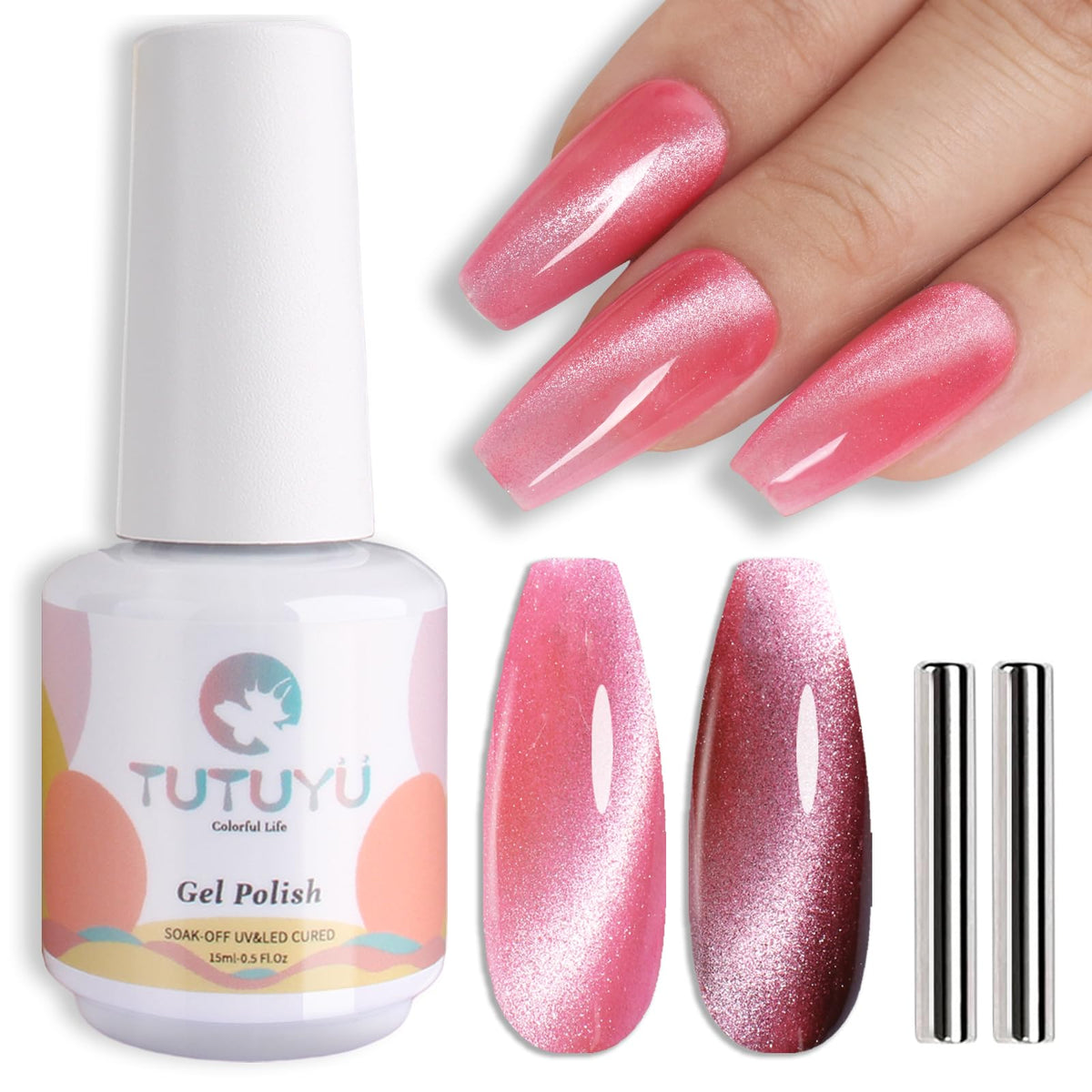 Tutuyu Coral Pink Cat Eye Gel Nail Polish - Holographic Shimmer, 0.51 Fl Oz, Uv Led So