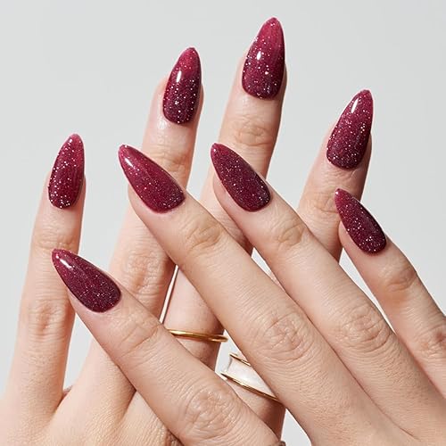 GLAMERMAID Christmas Press On Nails - Medium Almond Glitter Plum Red, 24pcs Reusable Stiletto Kit