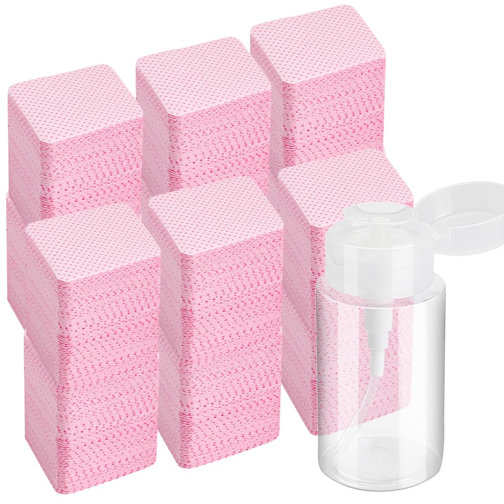 Axptech 1080Pcs Nail Cotton Pads & 150Ml Pump Bottle For Gel & Acrylic Nail Remover, Pink