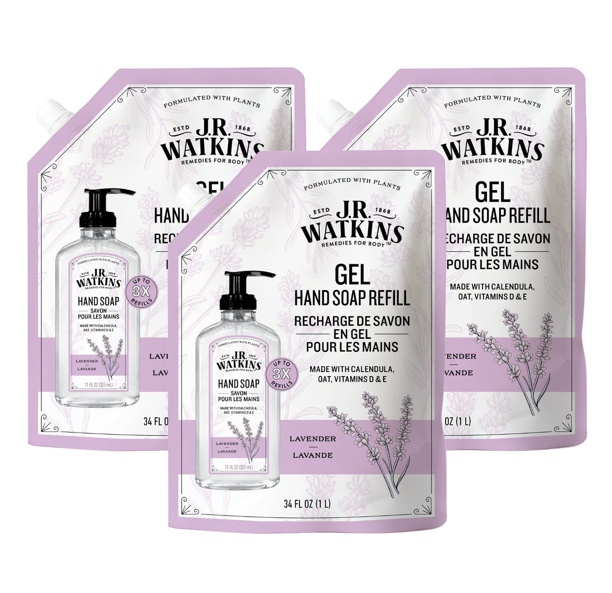 J.R. Watkins Lavender Gel Hand Soap Refill, 34 Fl Oz, Moisturizing, All Natural, Alcohol-Free, Cruel