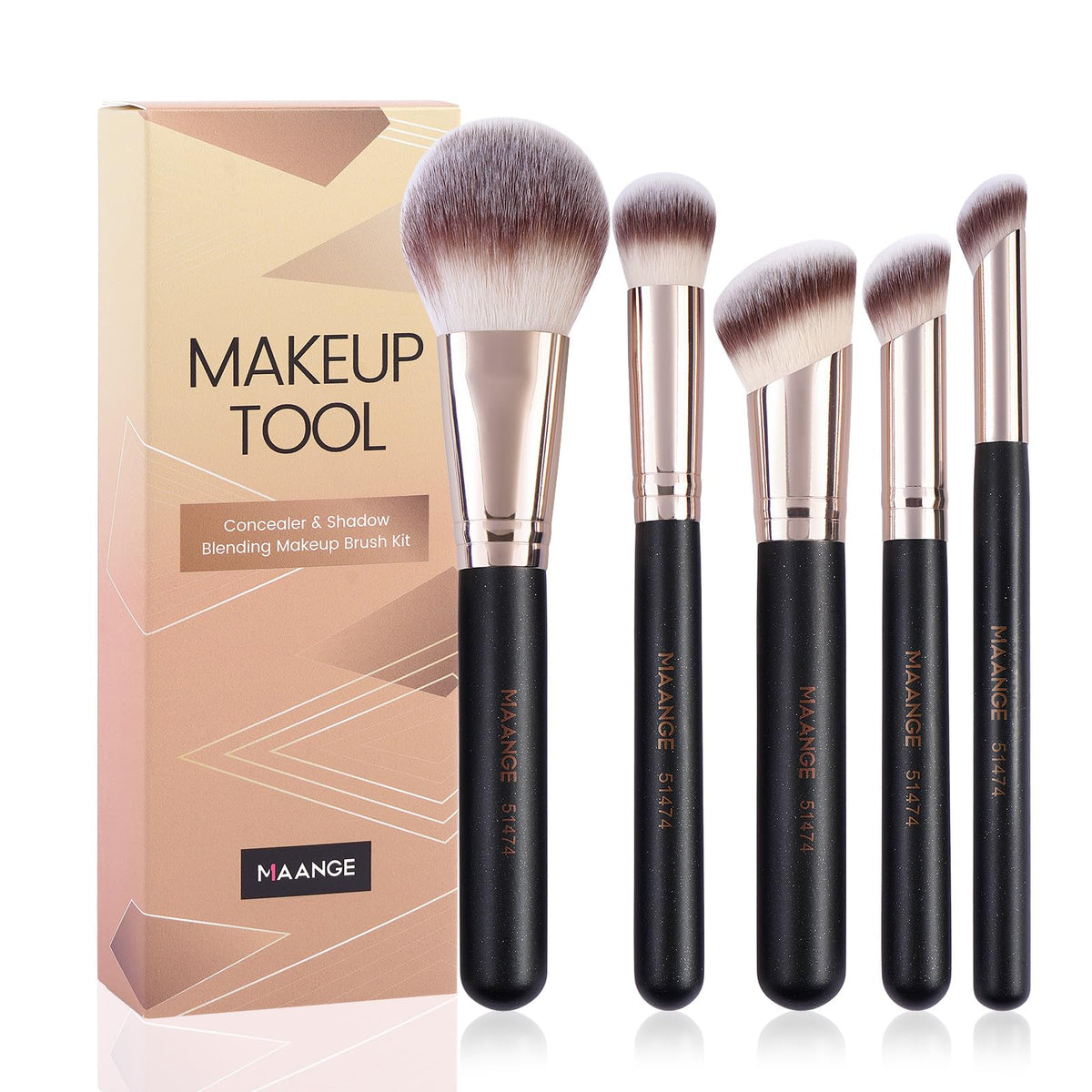 Maange 5-Piece Makeup Brush Set - Professional Synthetic Brushes For Foundation & Contour, Black