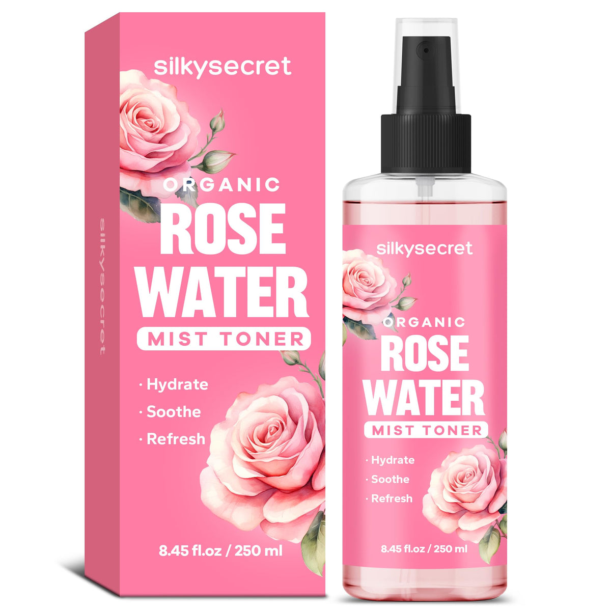 Silkysecret Organic Rose Water Spray 8.45 Fl Oz - Hydrating Face Mist Toner For Skin & Hair