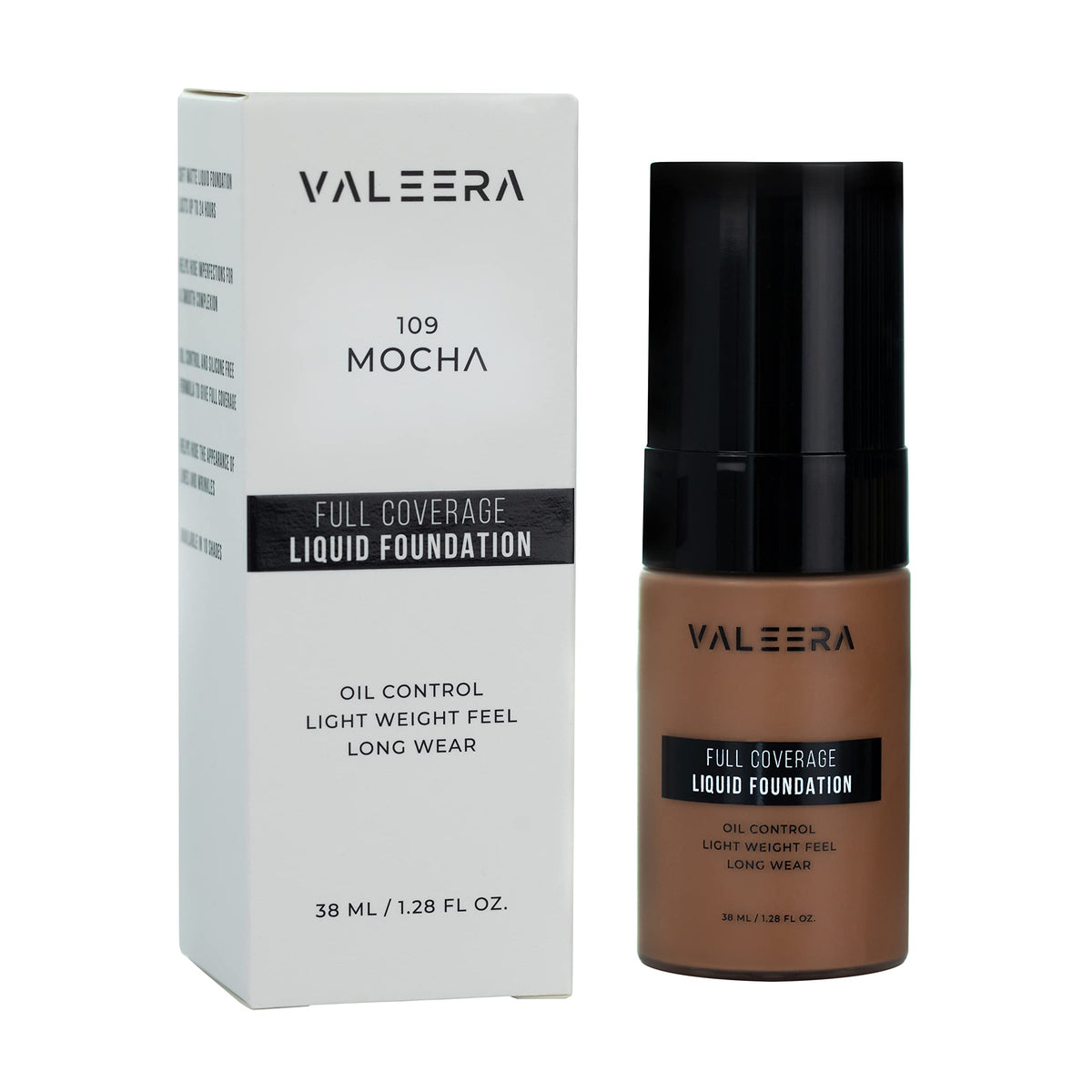 Valeera Full Coverage 24Hr Concealer Liquid Foundation - Waterproof, Oil Control, 1.28Oz, Mocha