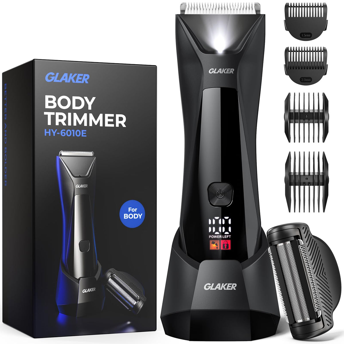 Glaker 2-In-1 Ball Trimmer & Body Groomer, Ipx7 Waterproof, Dual-Head Ceramic Shaver, Black