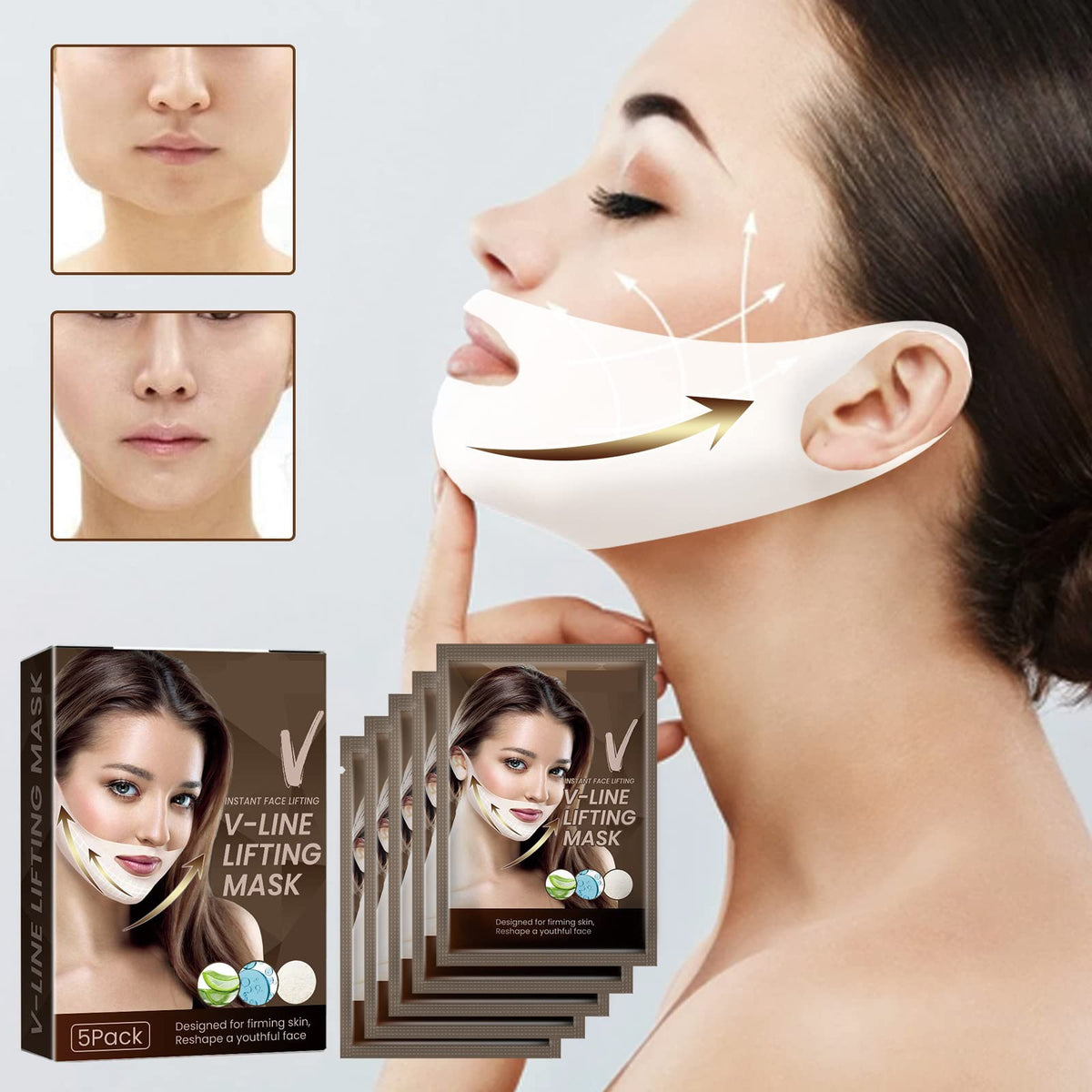 Felico V Line Lifting Mask - 5 Pcs Hydrogel Collagen Face Masks For Neck Tightening & Jawline Firming