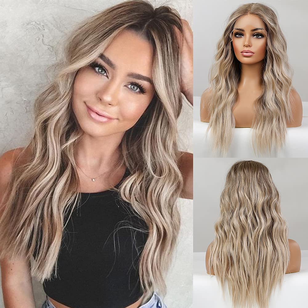 Emmor 25&quot; Ombre Blonde Lace Front Wig - Natural Wavy Synthetic Hair For Women, Lightweight