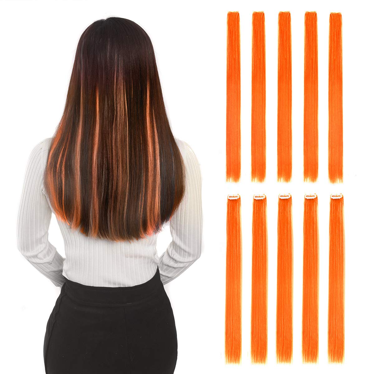 Bhf 22&quot; Orange Clip In Hair Extensions - 10Pcs Straight Fashion Hairpieces For Party Highlights