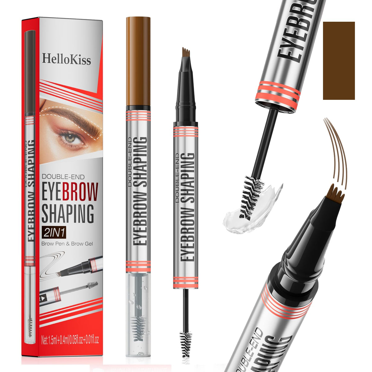 Yulinlon 2In1 Eyebrow Pencil & Gel, Waterproof 4-Pronged Dark Brown, Long-Lasting, 