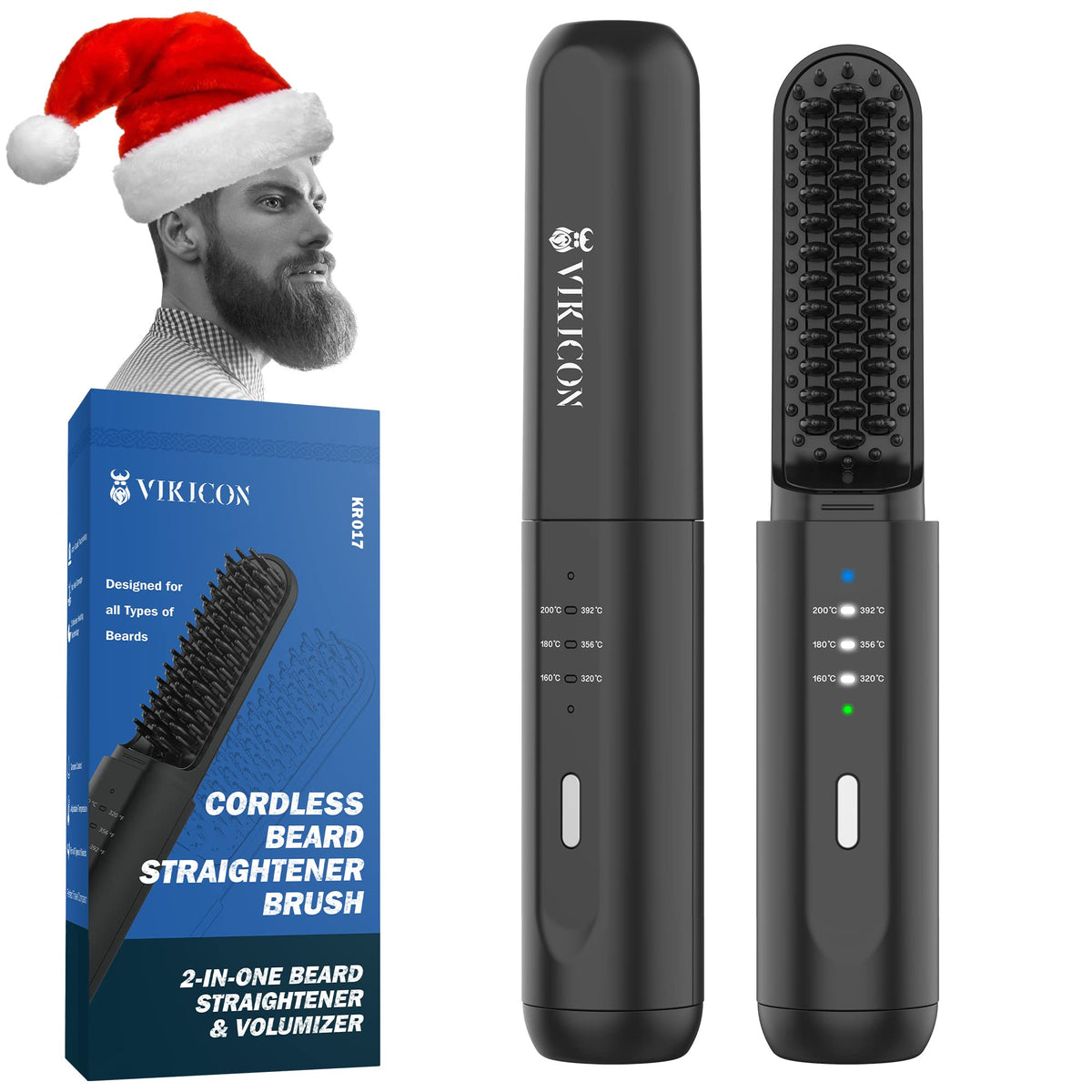 VIKICON Cordless Beard Straightening Heat Brush - Anti-Scald Hot Comb for Men, Travel-Friendly