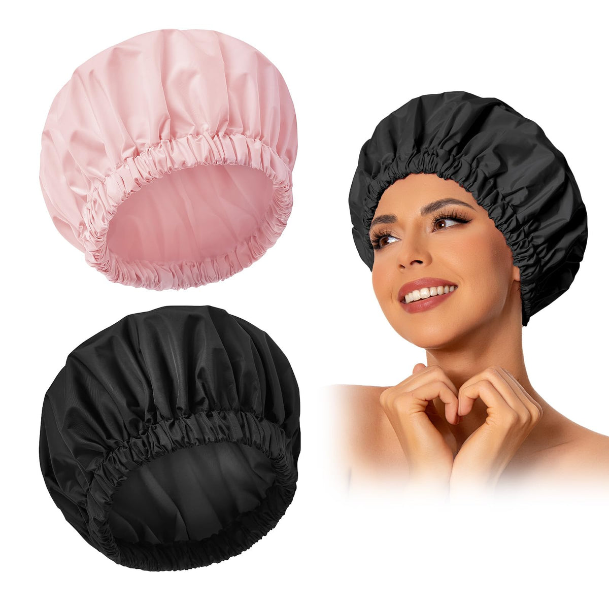 Edoneery Reusable Shower Cap For Women, Waterproof Elastic Band Hair Hat, Pink&Black, One Size