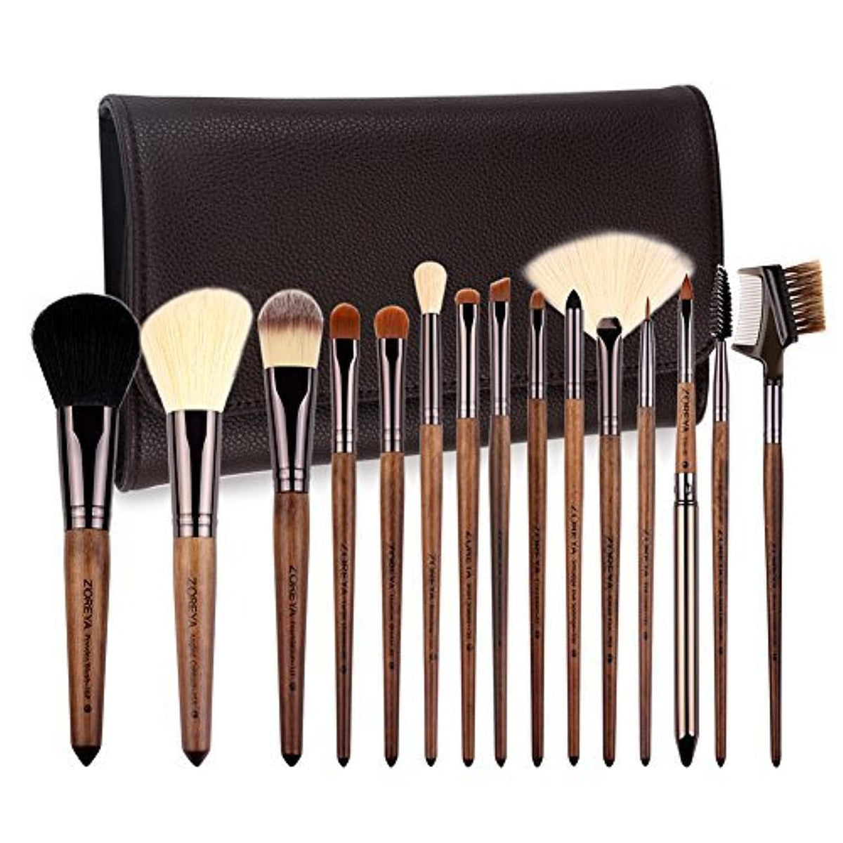 ZOREYA 15pcs Walnut Makeup Brush Set with Vegan Leather Bag - No Shed Synthetic Brushes