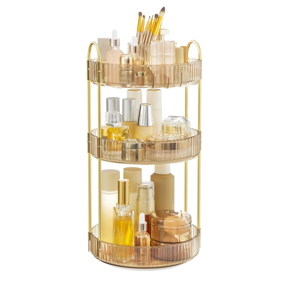 Songmics 3-Tier Round Rotating Makeup Organizer - Champagne Gold Vanity Storage Solution