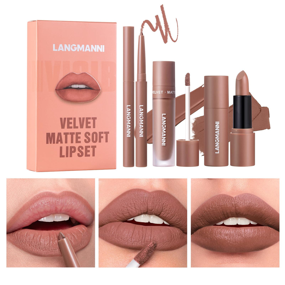 Langmanni 3 In 1 Matte Velvet Lipstick Set - Lip Liner, Gloss & Lipstick, Waterproof #03