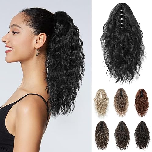 REECHO 14&quot; Black Ponytail Extension - Soft Wavy Curly Clip-In Hairpiece for Women