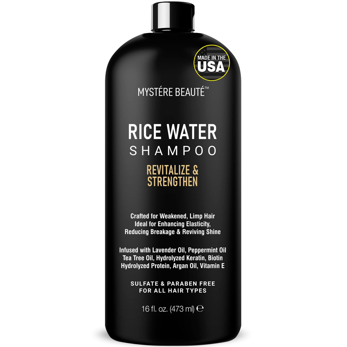 Mystére Beauté Rice Water Shampoo - Promotes Hair Growth, Sulfate & Paraben Free, 16 Fl Oz