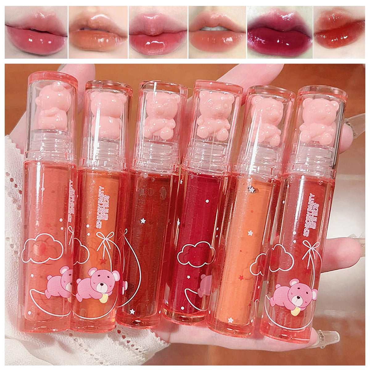 Blopuivo 6 Colors Bear Lip Gloss Set - Waterproof, Long Lasting, Moisturizing Lip Tint, 0.33 Fl