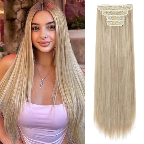 REECHO 20&quot; Dark Ash Blonde Clip-In Hair Extensions Set - 4 PCS Thick Synthetic Hair