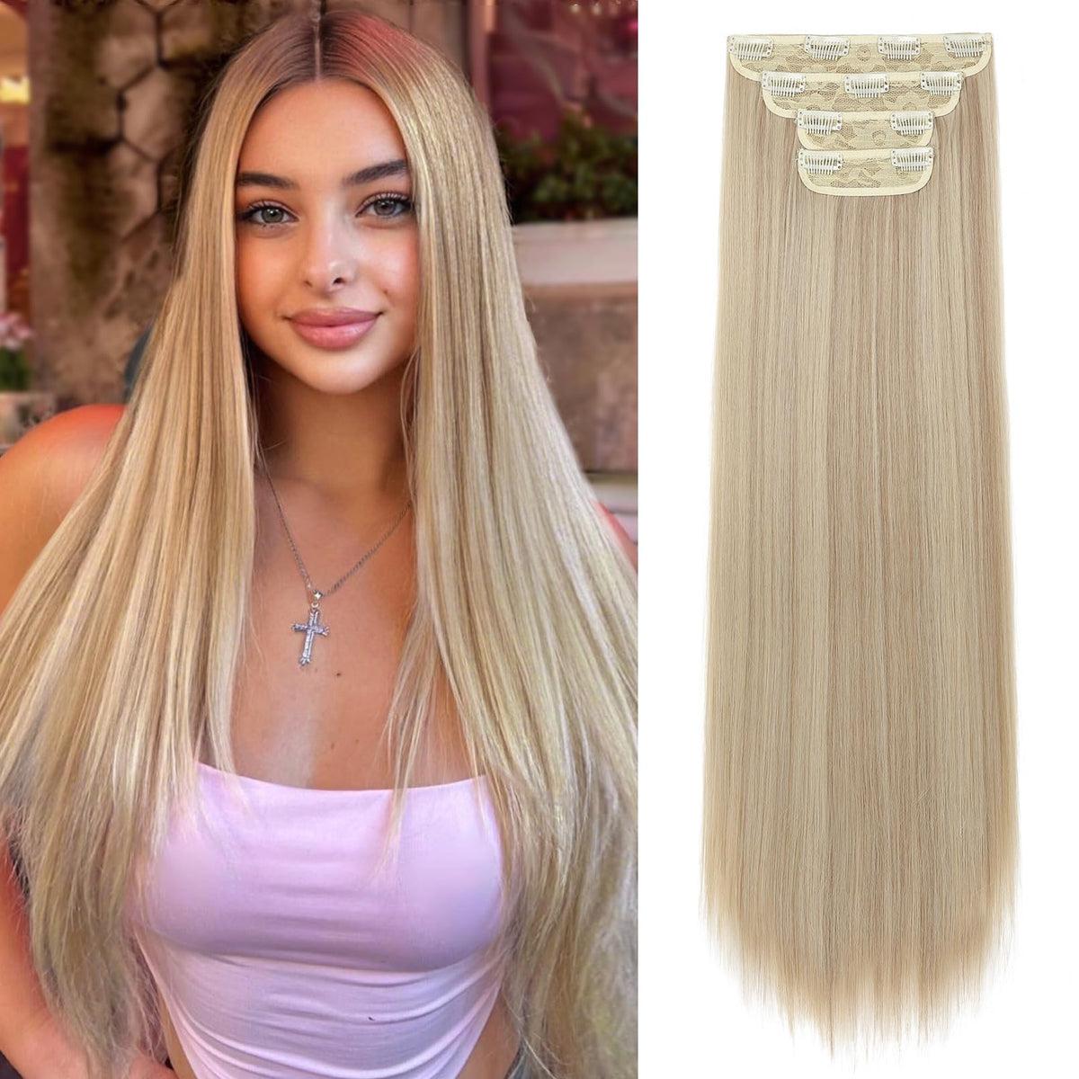 REECHO 28&quot; Dark Ash Blonde Clip-in Hair Extensions - 4 PCS Thick Synthetic Set