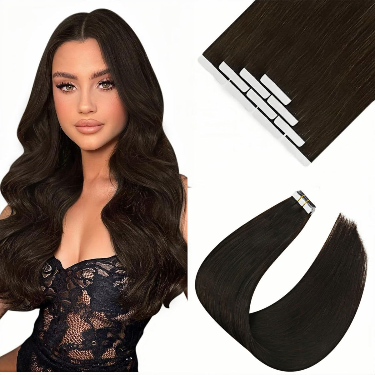 Ve Sunny Tape In Hair Extensions - Real Human Hair, Darkest Brown, 16&quot; - 10Pcs, 25G Silky