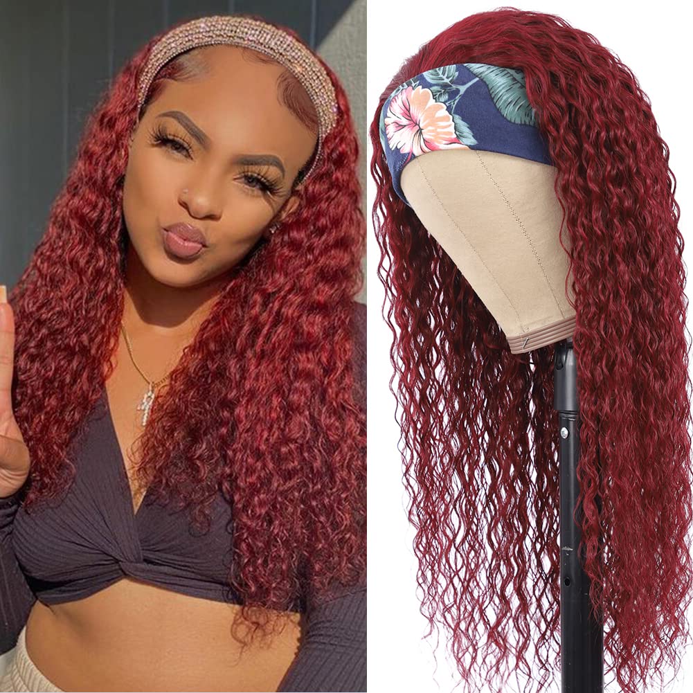 Eooma 24&quot; Kinky Curly Headband Wig #99J Burgundy Human Hair For Black Women - 180% Density