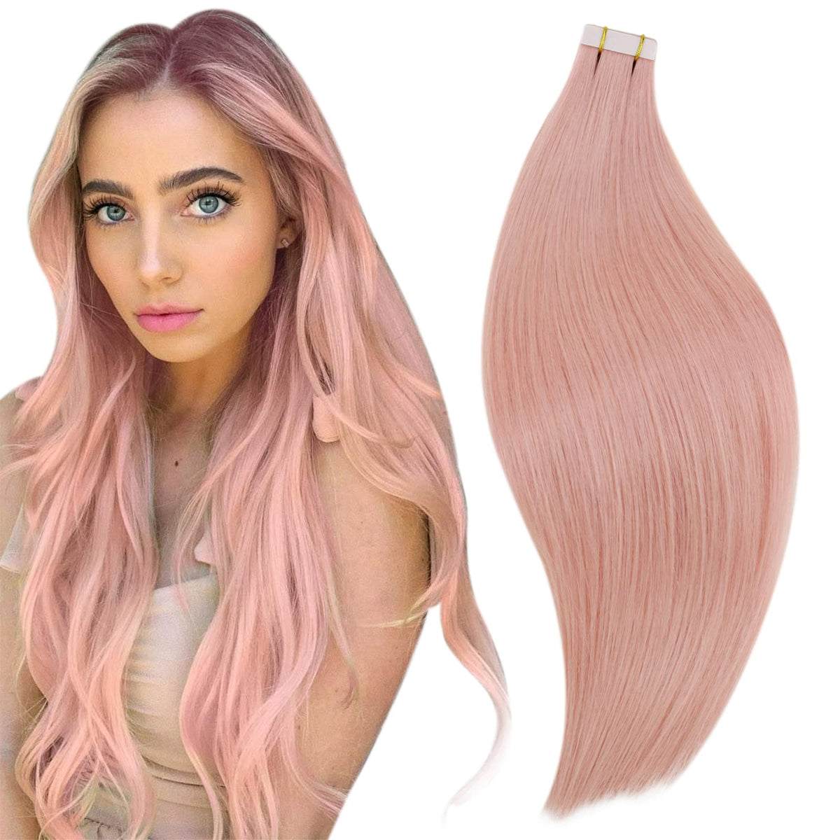 Runature 22&quot; Pink Human Hair Tape Extensions - Colored Remy Hair For Highlights, 10Pcs