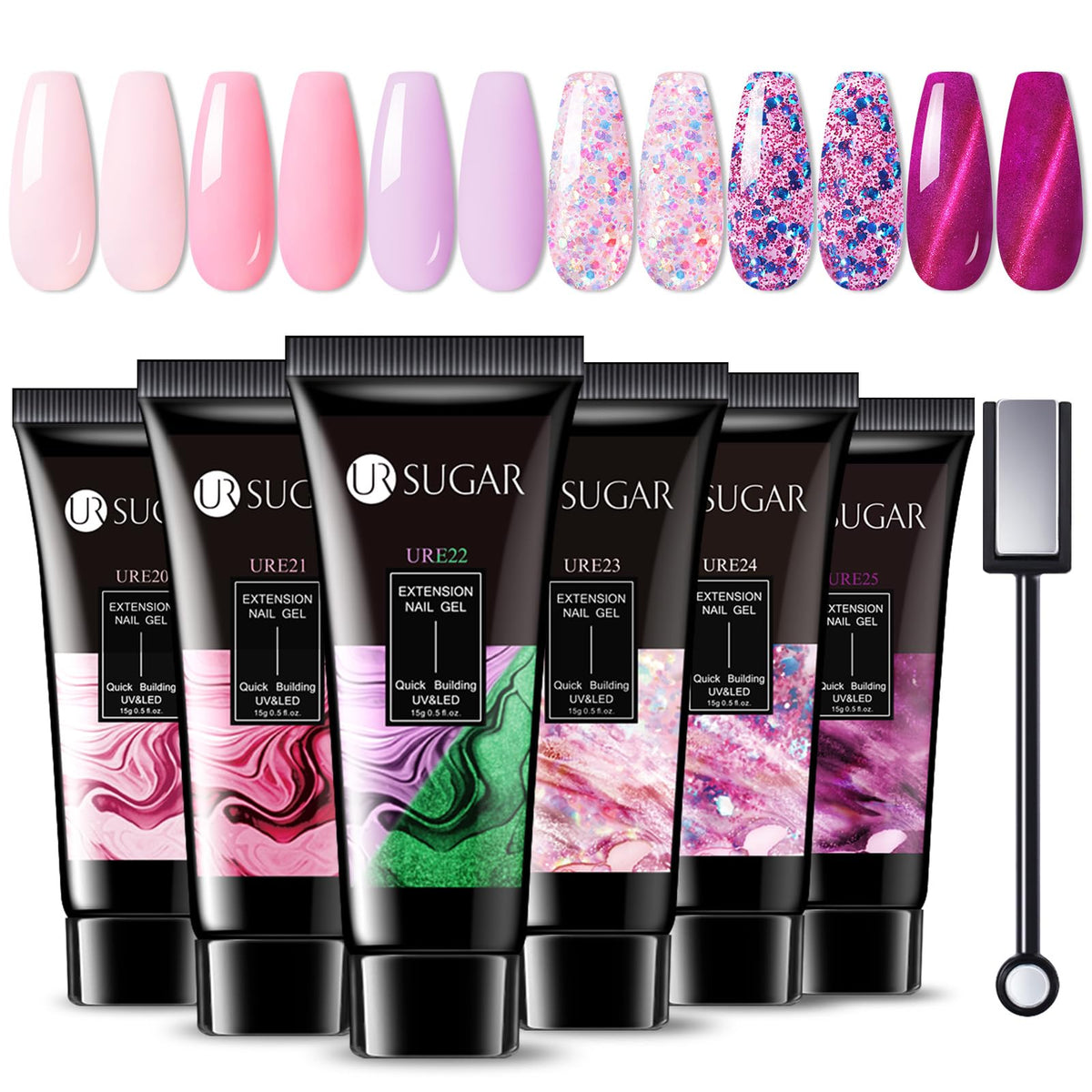 UR SUGAR 6 Colors Pink Glitter Gel Nail Polish Set, Glow in the Dark, Magnetic, Long Lasting