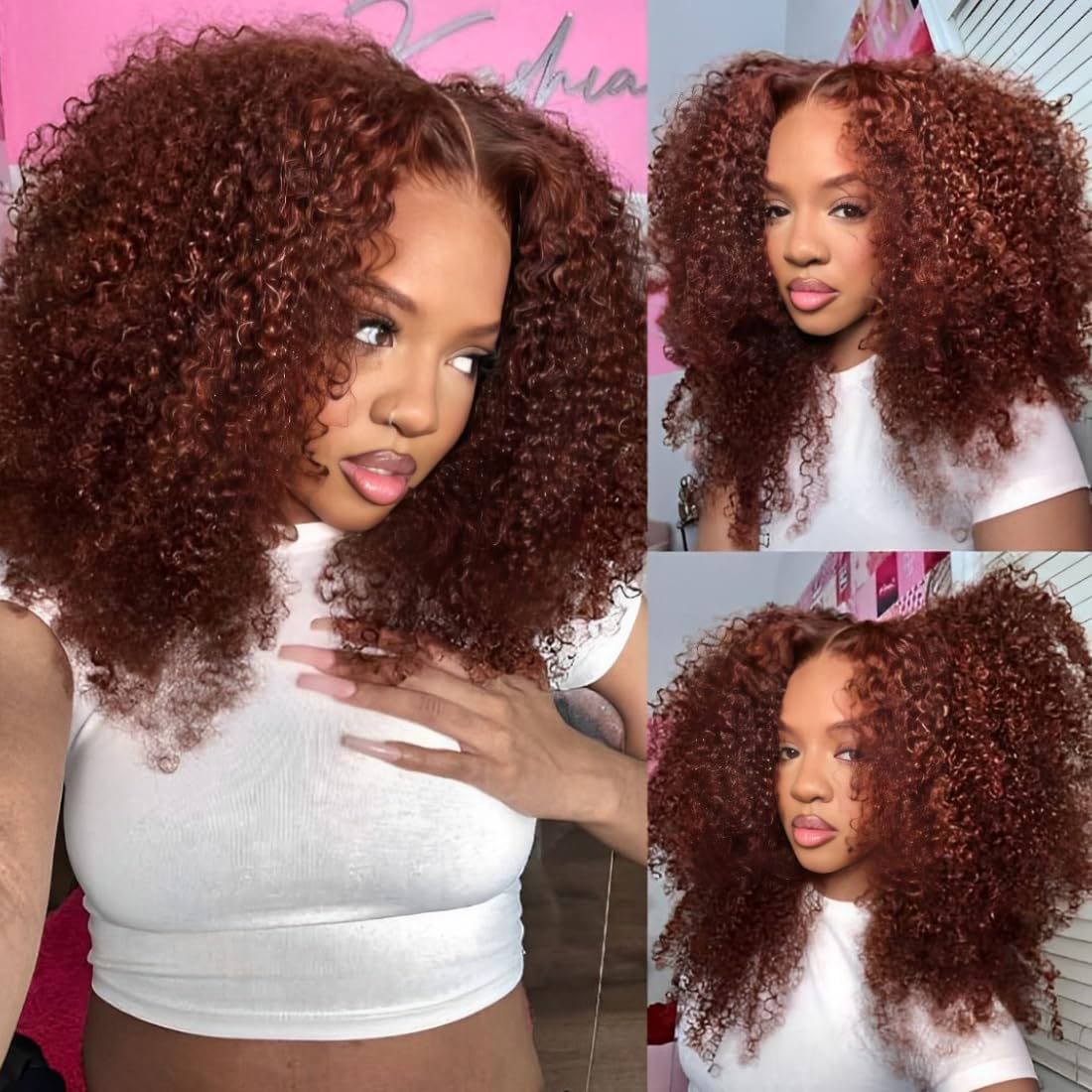 UNICE 22&quot; Reddish Brown Kinky Curly Human Hair Wig - 7X5 Glueless, Pre Plucked &