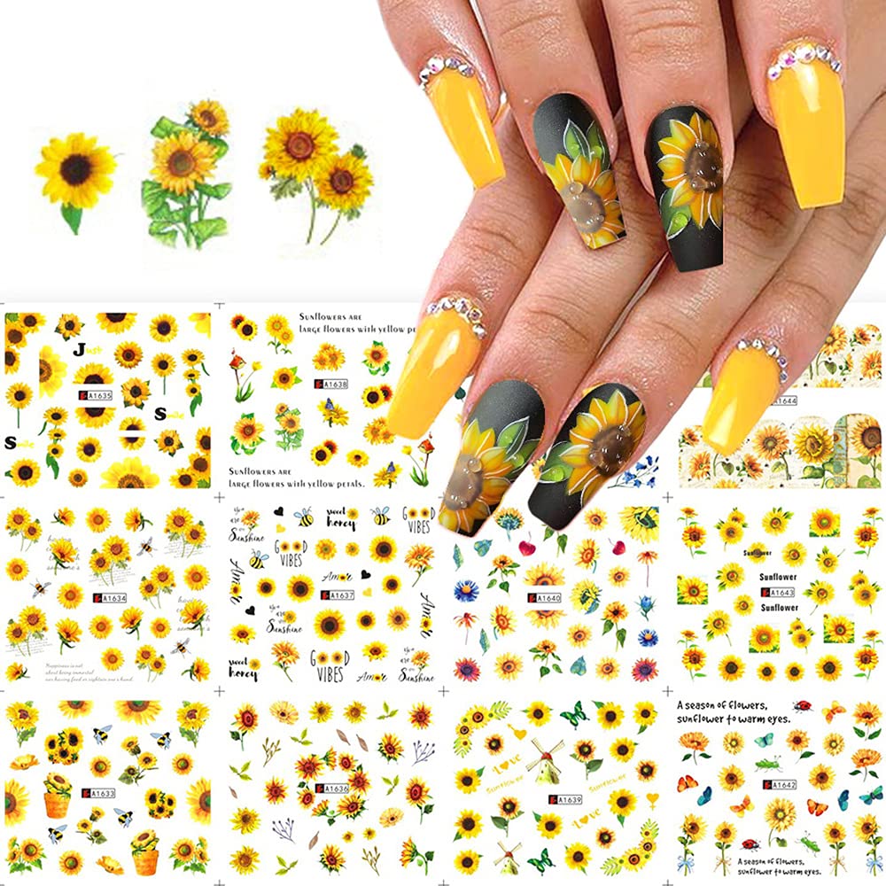 Qdsuh Sunflower Nail Art Stickers - 12 Sheets Floral Water Transfer Decals For Diy Manicure