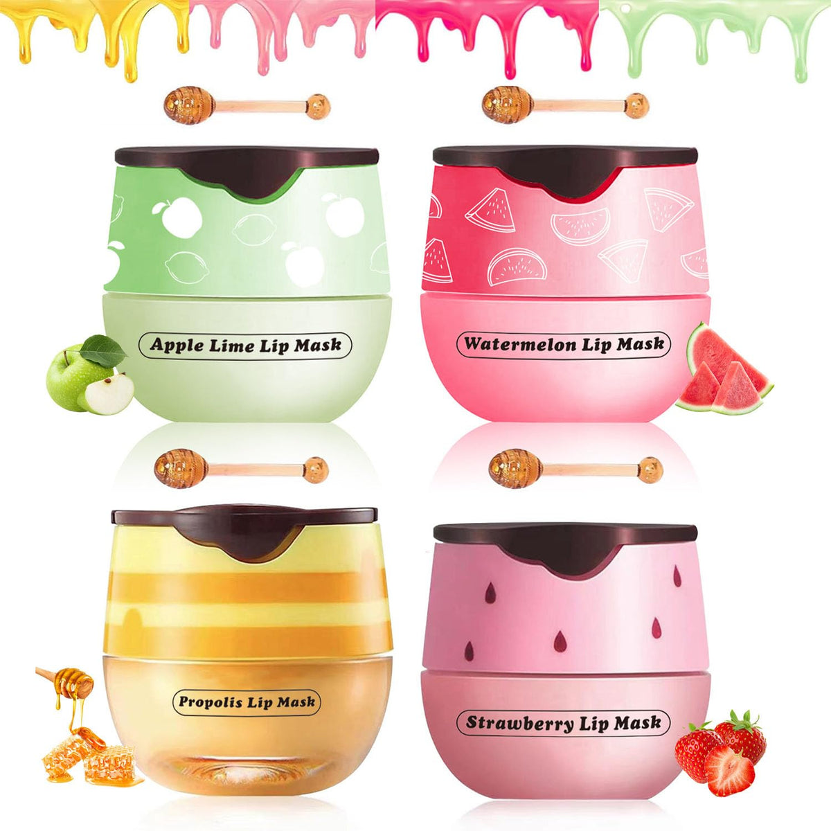 Tirdet 4 Pcs Bee Lip Balm Set - Honey, Strawberry, Watermelon & Apple Lip Mask & Scrubs