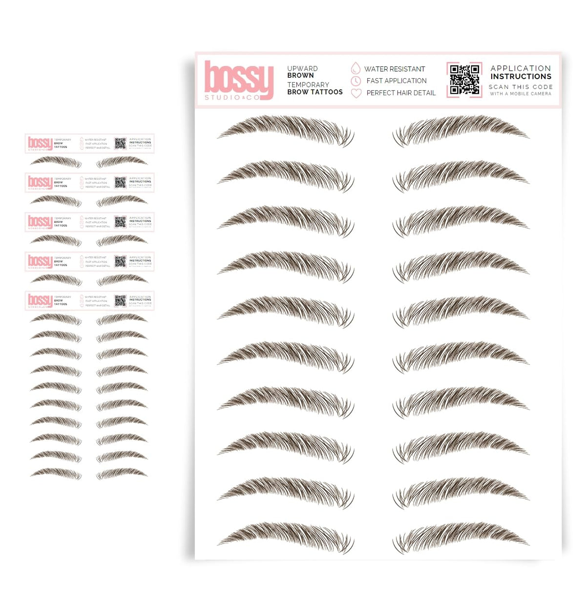 Brows By Bossy 5 Pack Waterproof Eyebrow Tattoos, Upward Brown Instant Transfer Stickers