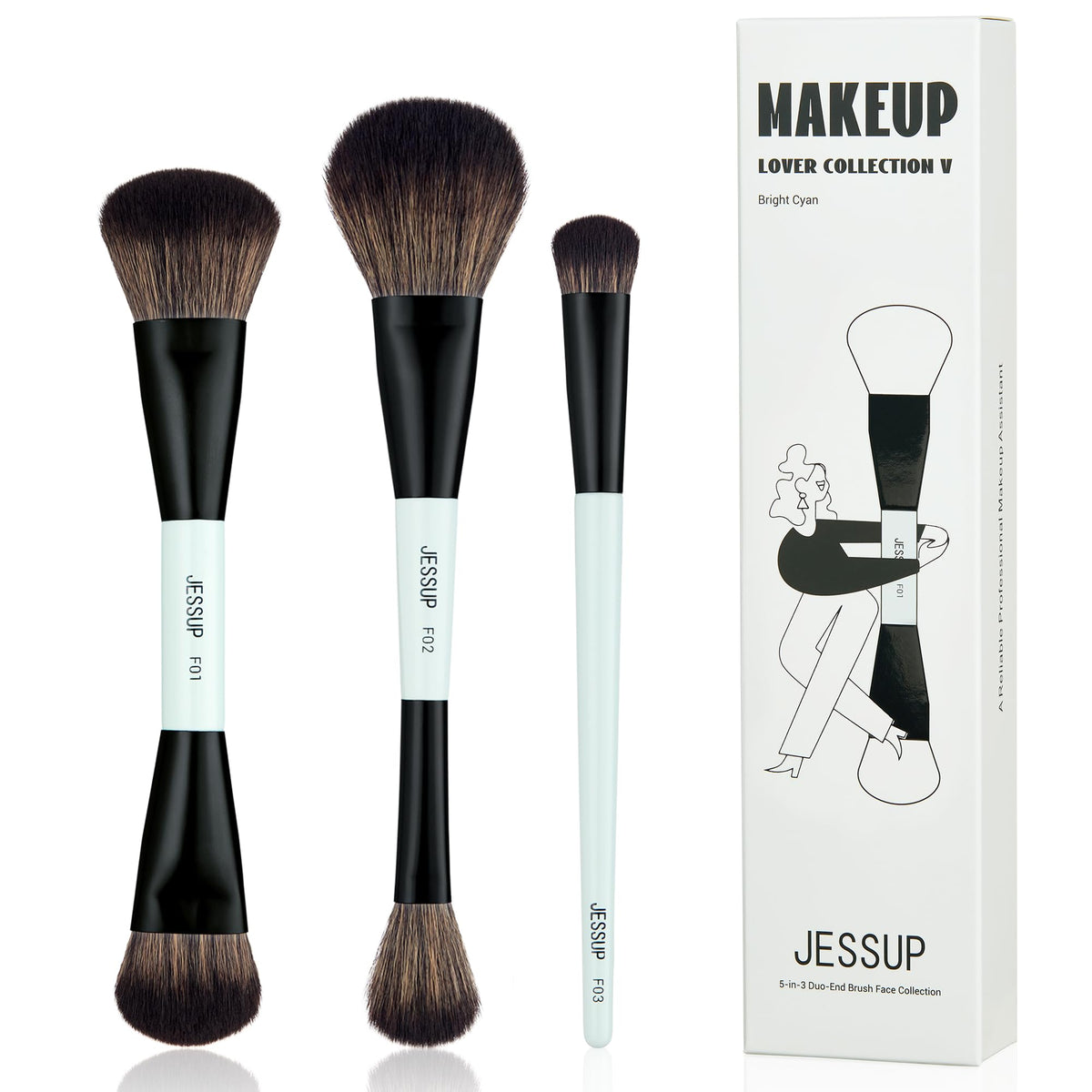 Jessup Blue Makeup Brush Set - 3 Double-Ended Premium Synthetic Brushes For Foundation & Contour