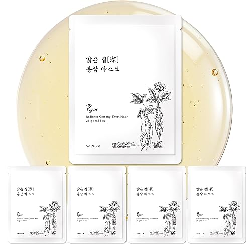 Varuza Radiance Ginseng Sheet Mask - Vegan Hydrating Face Masks With Bifida Serum, 5 Count