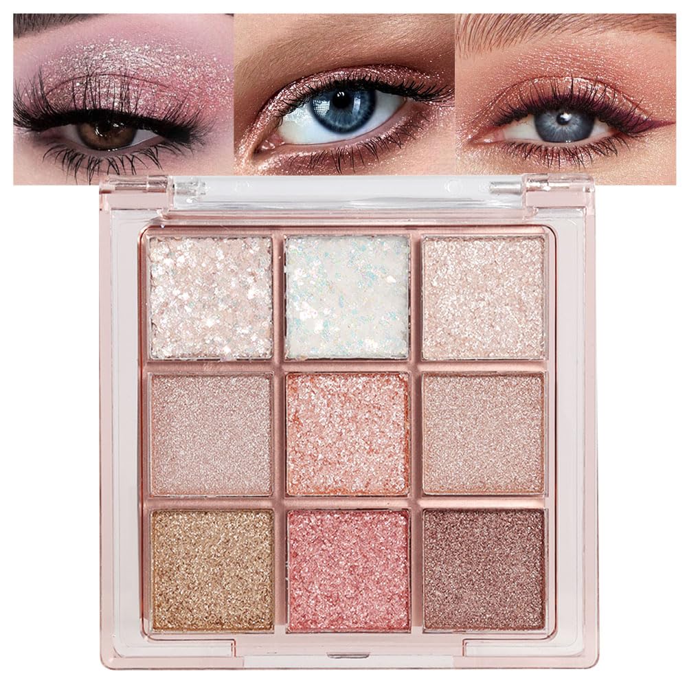 Cakaila 9 Colors Glitter Eyeshadow Palette - Pink White Gold Shimmer, Long Lasting, Waterproof