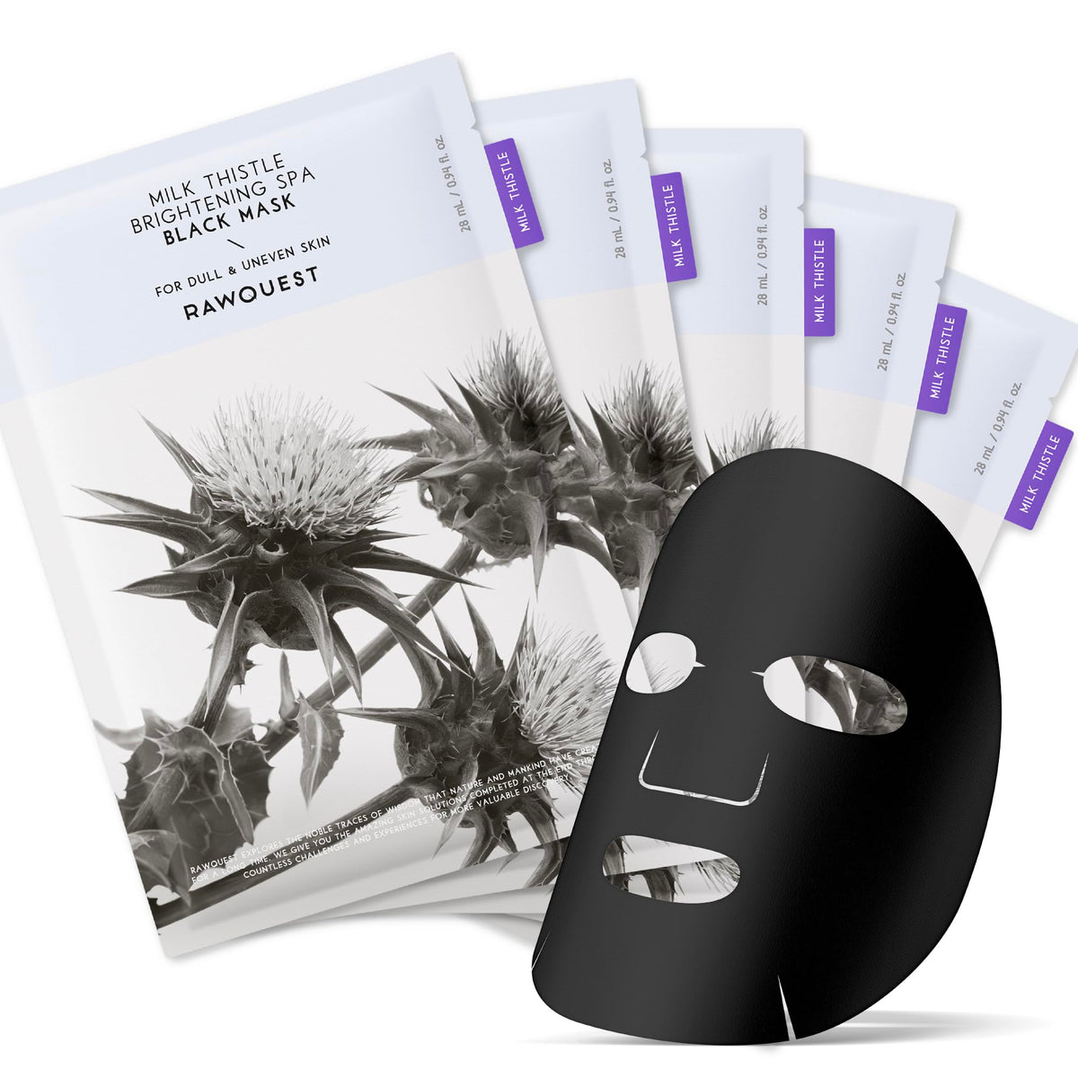 Rawquest Milk Thistle Brightening Spa Black Mask, Hydrating & Soothing Korean Sheet Masks, 5Ea