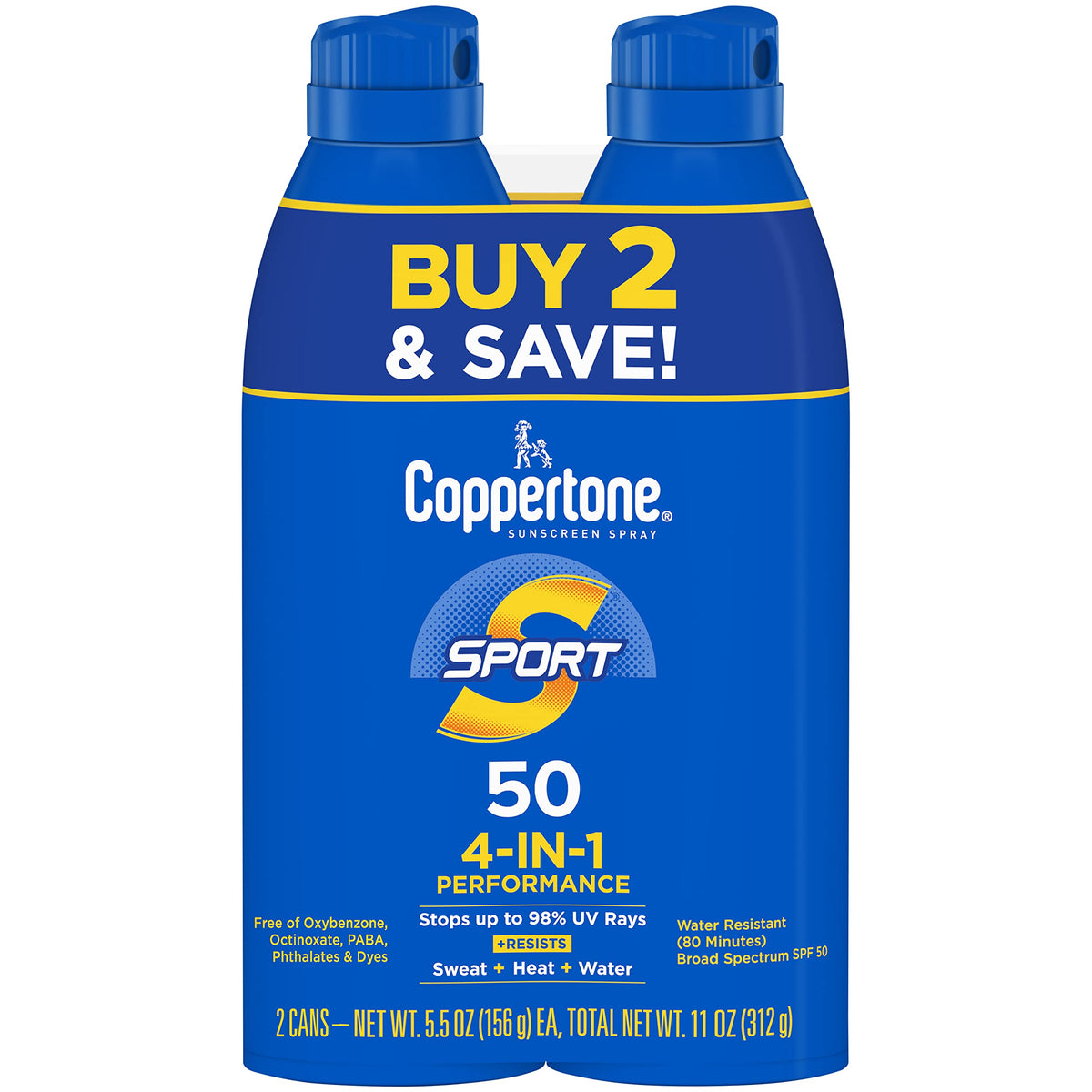 Coppertone Sport Sunscreen Spray Spf 50, Water Resistant, 5.5 Oz, Pack Of 2