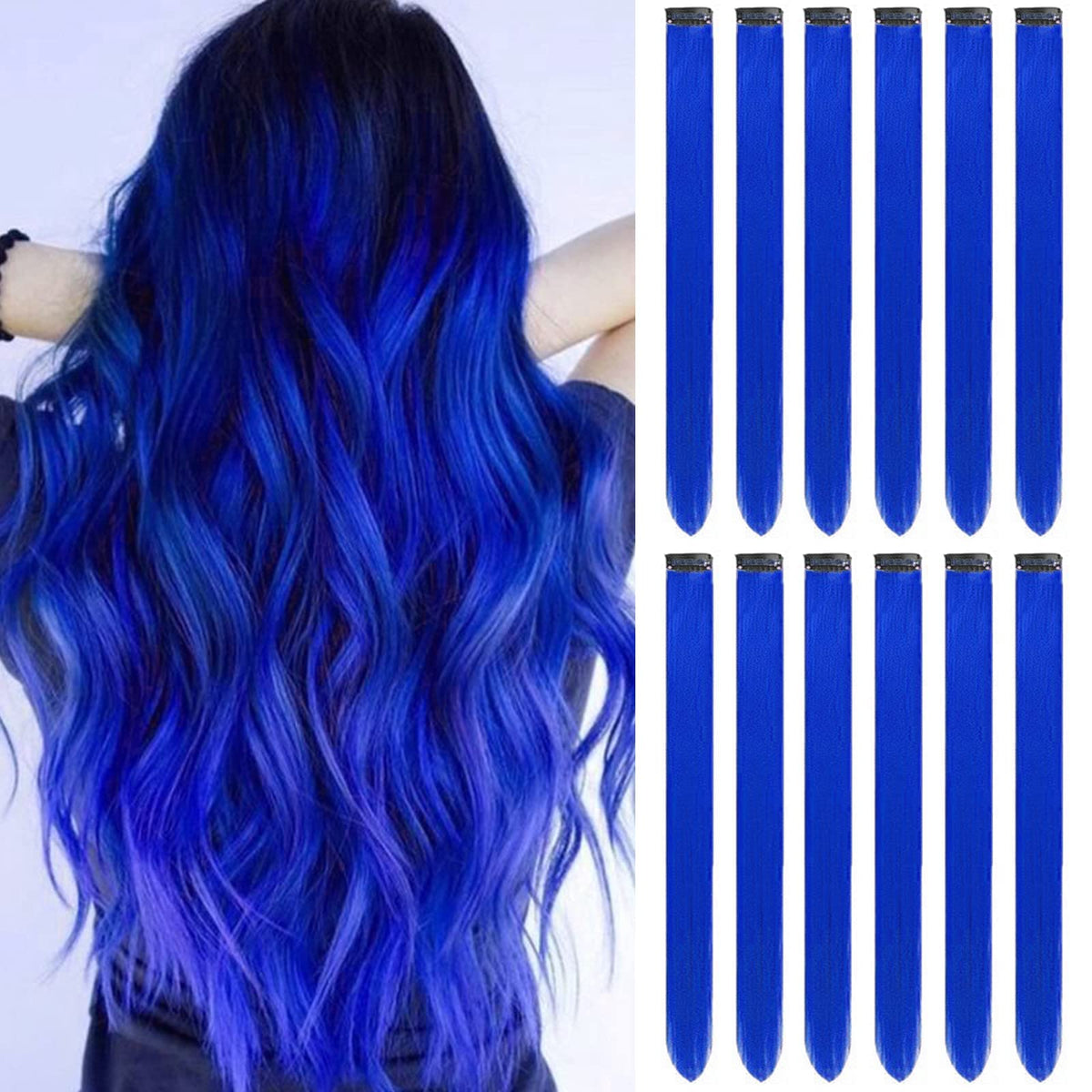 Gpovvimx 12 Pcs Blue Hair Extensions For Kids, 22-Inch Clip-In Synthetic Highlights