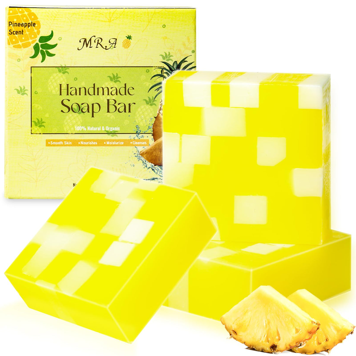 Mr.A 3Pack Natural Body Soap Bar - Organic Handmade Shea Butter Soap, Moisturizing Pineapple Scent