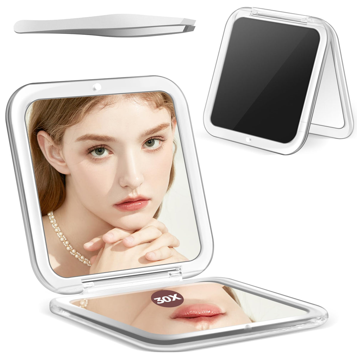 Miyadiva 30X Magnifying Compact Mirror - Travel Pocket Mirror With Tweezers, Black