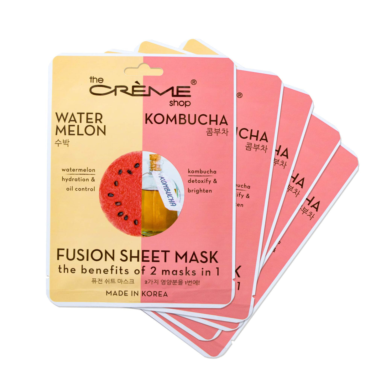 The Crème Shop Watermelon & Kombucha Face Mask Set - Soothing, Hydrating, Anti-Aging, 5 Sheets