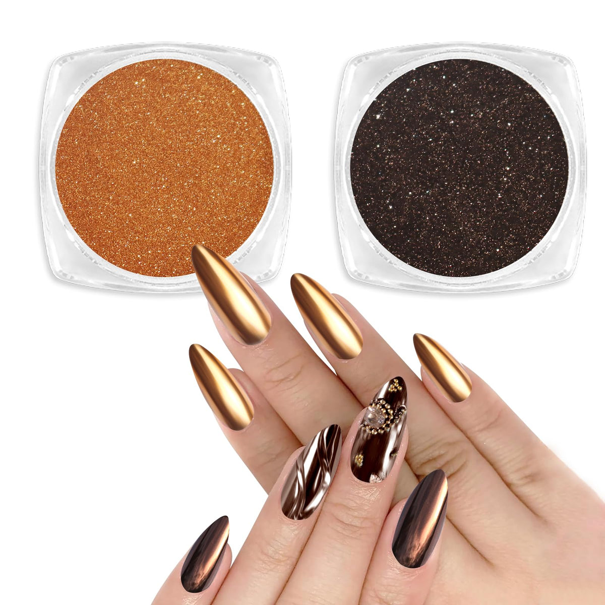 Allstarry Coffee Brown Chrome Nail Powder 2pcs Metallic Mirror Dust for Gel Polish & Resin Art