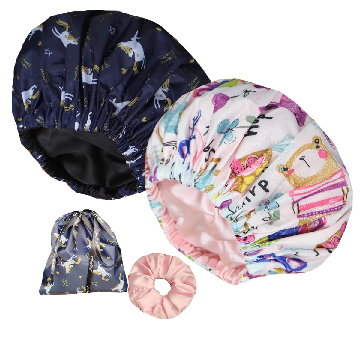 Genergy 2Pcs Luxury Shower Cap, Extra Large, Waterproof Satin, Reversible, Adjustable, L-Pink/Dark Blue Flower