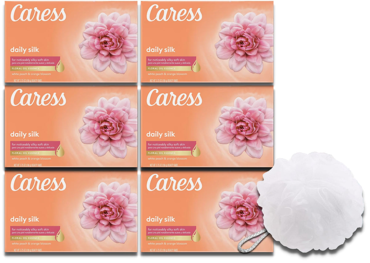 Home Sweet Bundles Caress Beauty Bar Soap Bundle With Bonus Loofah, Sunset Peach, 3.75 Oz (6)