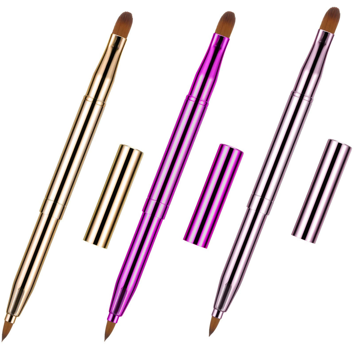 SEGMINISMART Dual End Lip Brush Set - 3 Retractable Makeup Brushes in Gold, Purple, Bright Pink