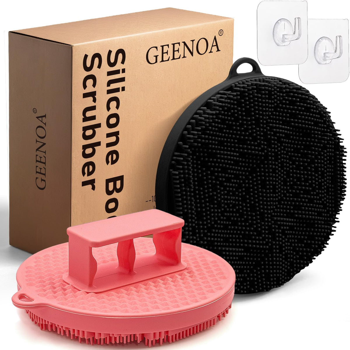 Geenoa Silicone Body Scrubber 2 Pcs - Exfoliating Loofah With Comfort Handle, Black & Pink