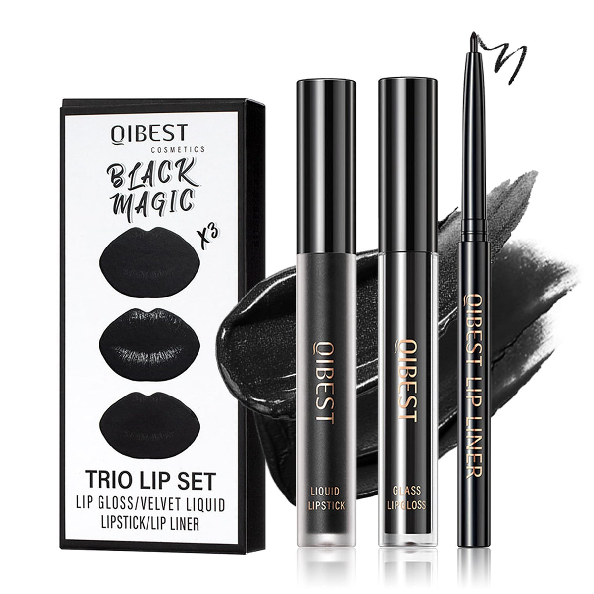 Awccxmym 3Pcs Black Lip Liner & Liquid Matte Lipstick Set - Long-Lasting, Waterproof, Halloween