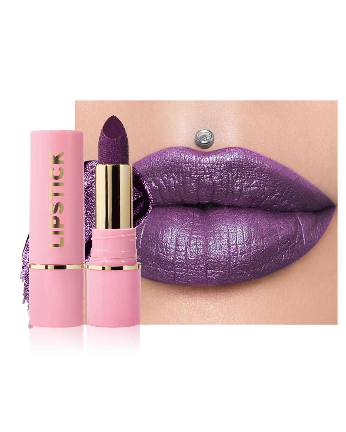 Lysdefeu Diamond Glitter Lipstick - Purple Plum Metallic, Waterproof, Longlasting Lip Color, 0.13 Oz