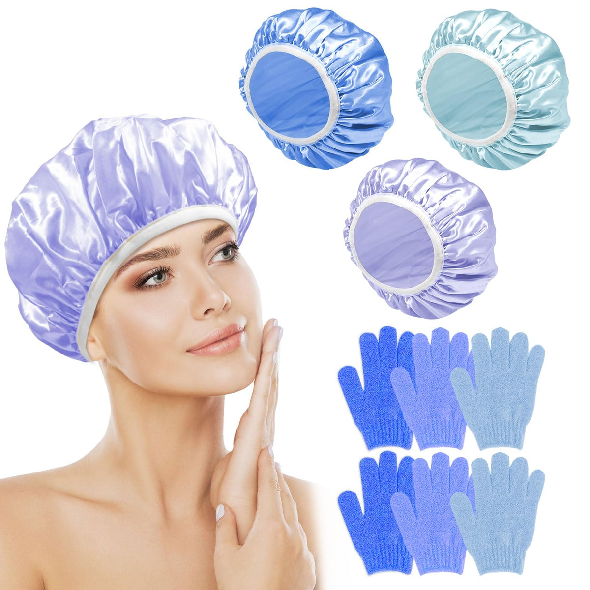 My Novel Things Shower Cap 3Pc Set, Waterproof Satin Lined For Long Hair & Locs, Exfoliating Glove